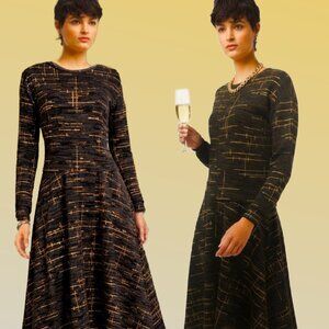 VIBE Textured Charcoal Shimmer Gold Grid Motif Long Sleeve Dress Sz S